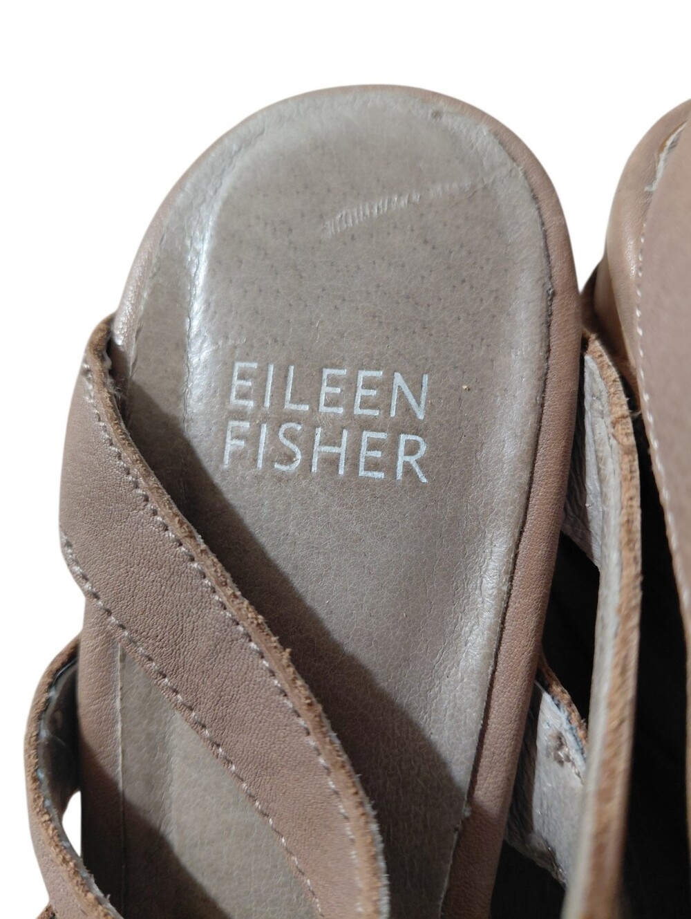 Eileen Fisher Taupe Strappy Cut Out Wood Wedge Sandals Size 8 - Picture 5 of 14